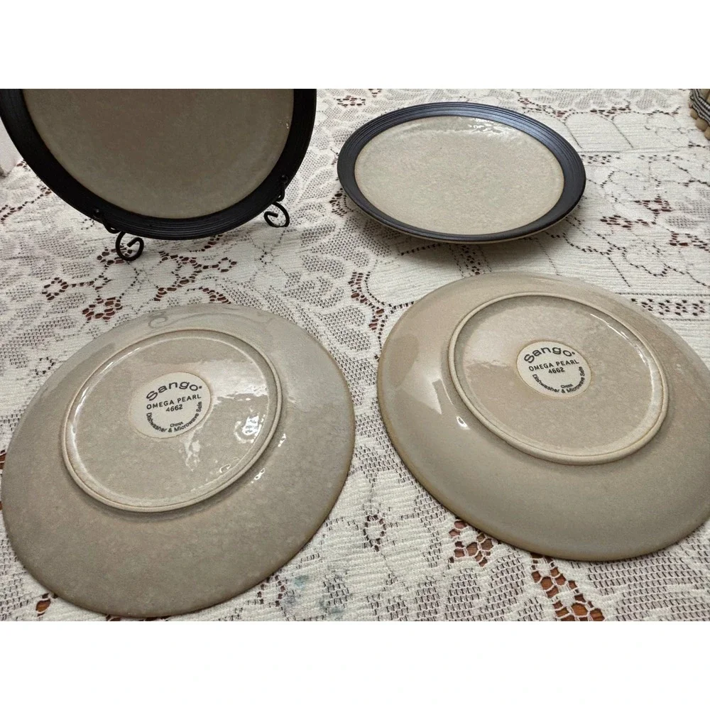 Sango Omega Pearl 4662 Salad Plates Set of 4 Stoneware Grey Black Rim 8.25